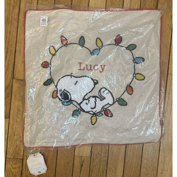 Pottery Barn Peanuts Snoopy Heart Personalized Lucy Pillow Cover Christmas NWT - Picture 2 of 9
